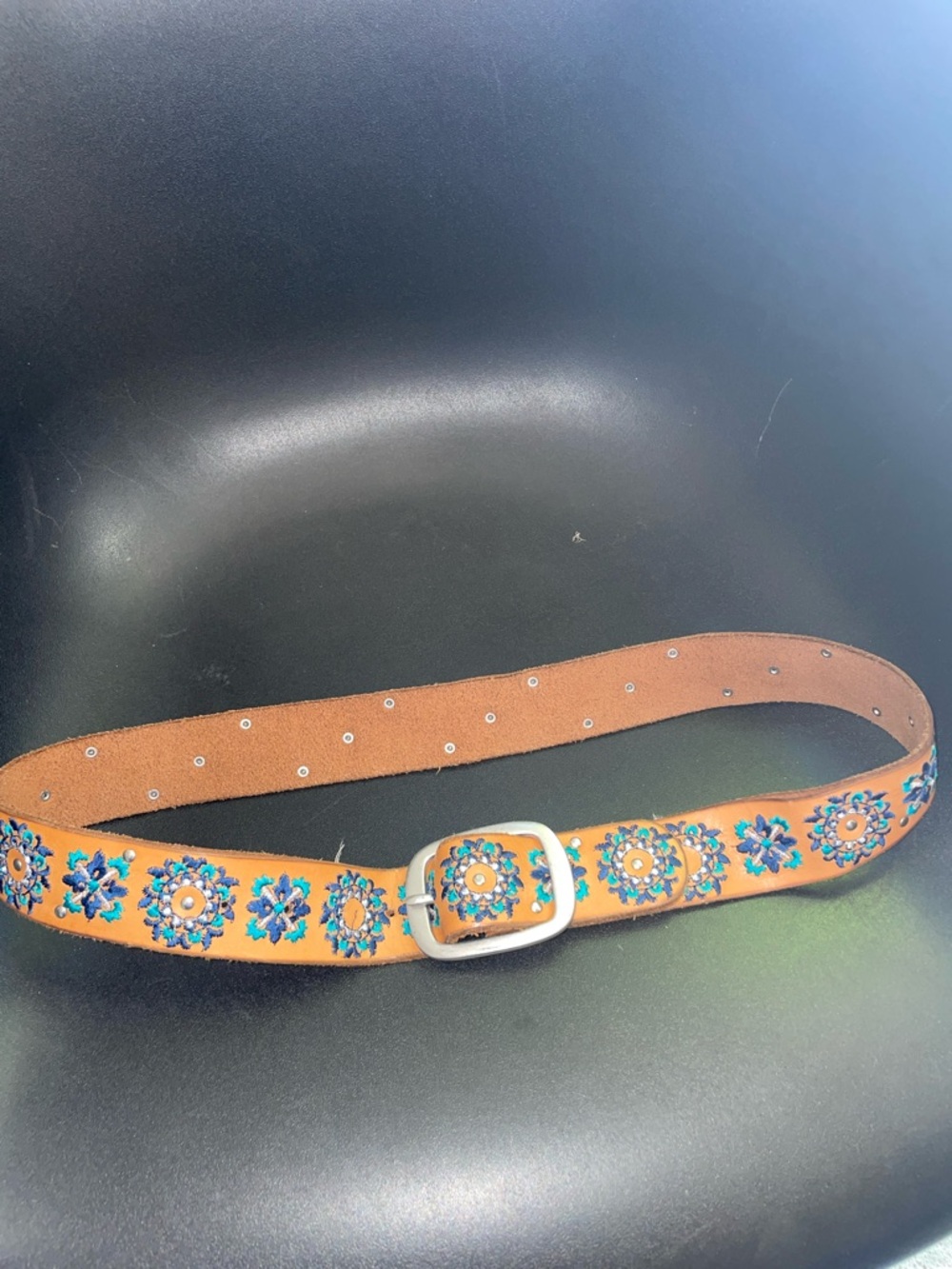 Lucky Brand Tan Leather Belt with Turquoise and Blue Embroidered Medallions